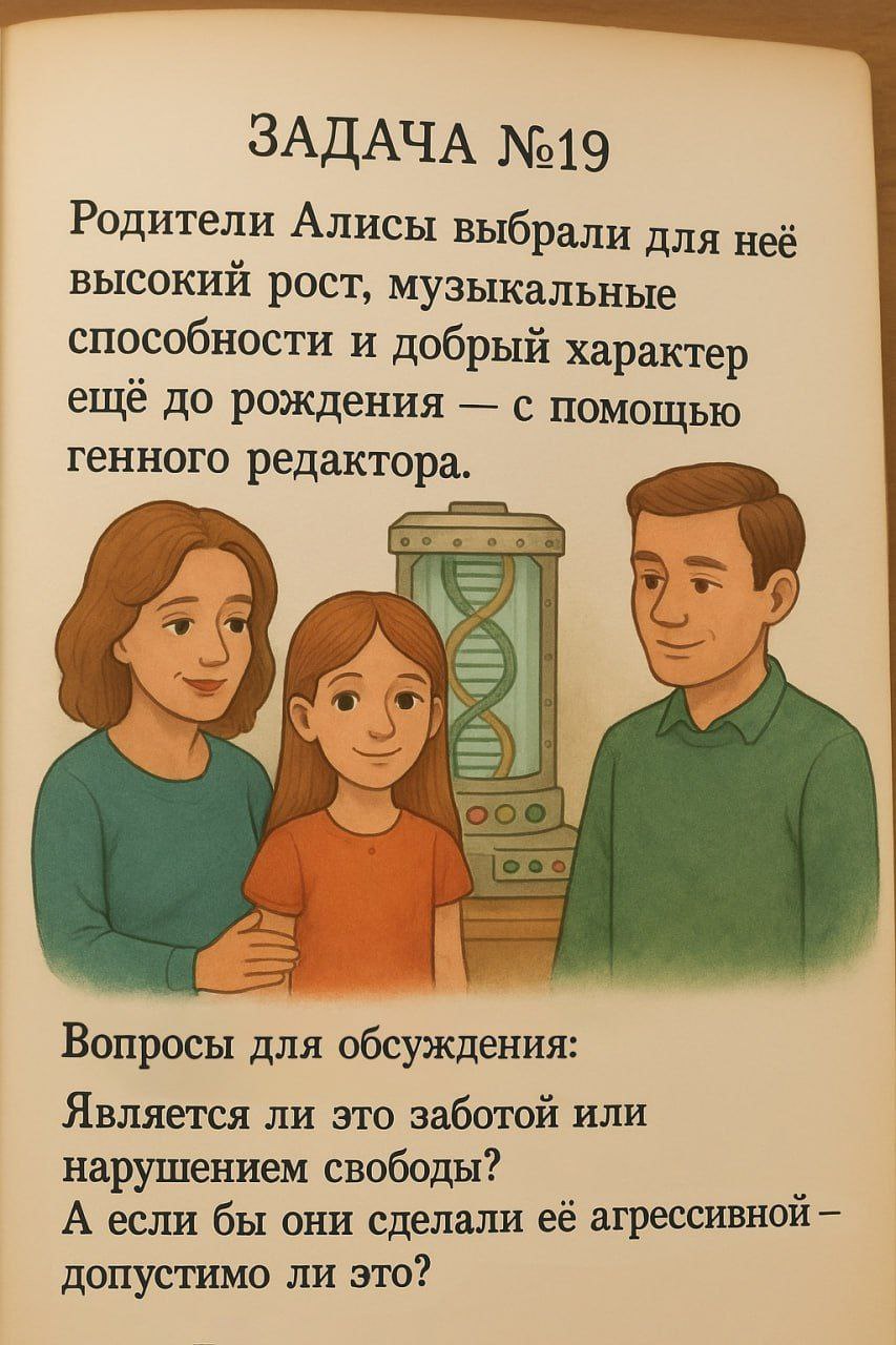 ЗАДАЧА №19 Родители Алисы выбрали для неё высокии рост, музыкальные способности и добрый характер еще до рождения с помощью генного редактора. Boe Вопросы для обсуждения: Является ли это заботой или н