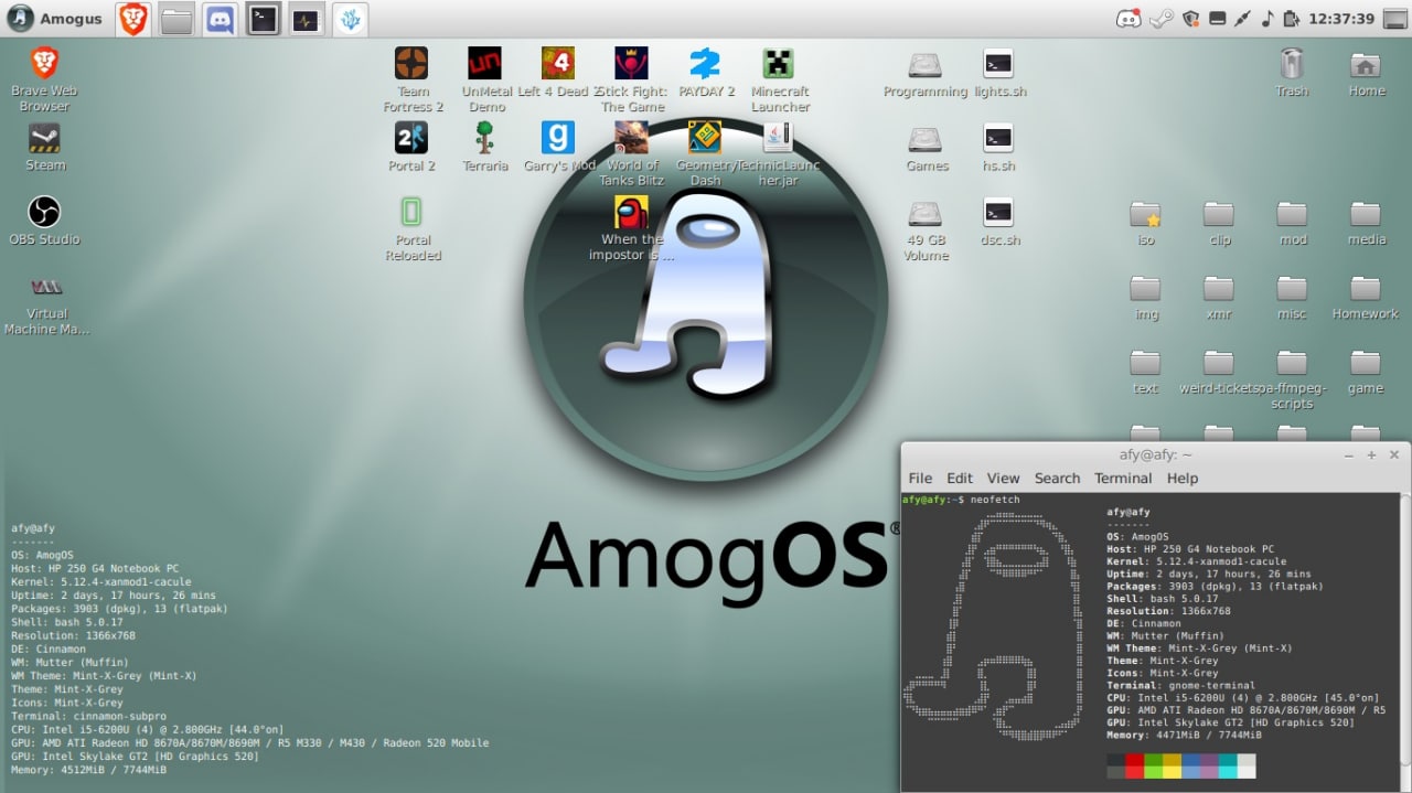 Amogus 12:37:39 в 4 {2 Prog Brow a Garry's ect Games Dash herjar OBS Studio, #9 impo Yol Virtual Homework issigg Machine game Scripts afy File Edit View Search Terminal Help neofetch afyeaty atyeaty A