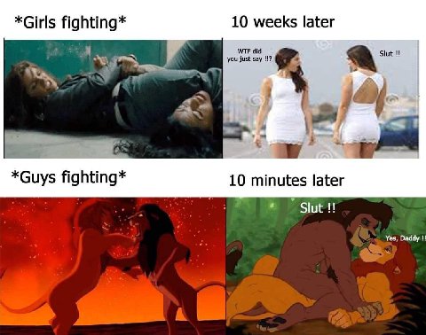 *Girls fighting* 10 weeks later WTF did Slut you just say a 6 *Guys fighting* 10 minutes later Yes, Daddy