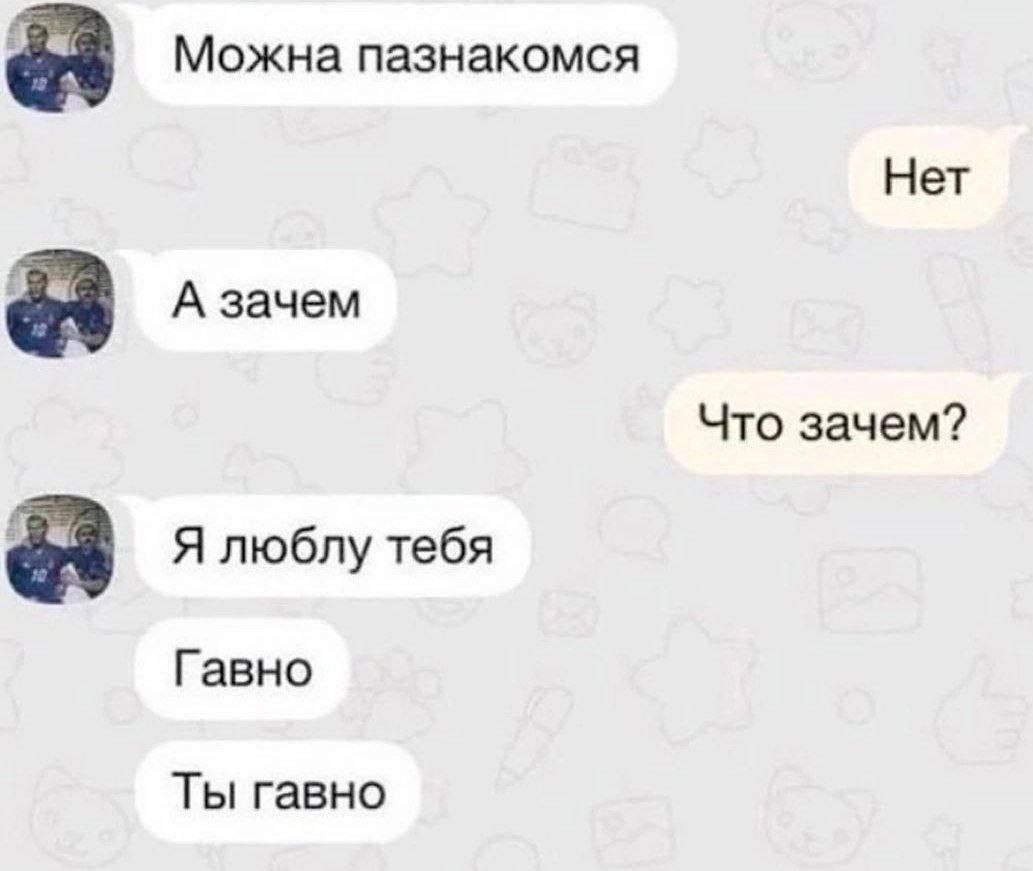 Можна пазнакомся Нет А зачем Что зачем? Я люблу тебя Гавно Ты гавно