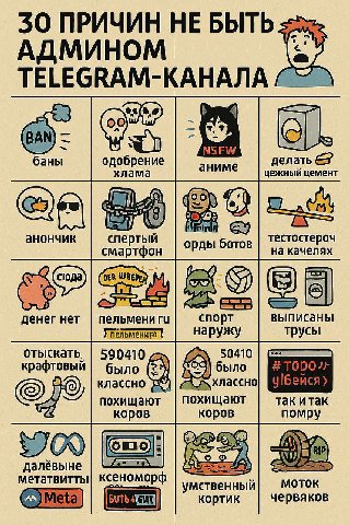 30 ПРИЧИН НЕ БЫТЬ АДМИНОМ TELEGRAM-KAHAJIA 4 TO NSFW баны одобрение аниме делать хлама цемент анончик спертый орды ботов тестостероч смартфон на качелях DER выписаны денег нет пельмениги спорт У пельм