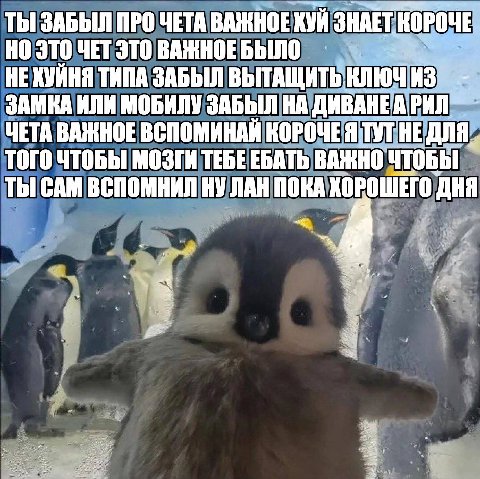 ТЫ ЗАБЫЛ ПРО ЧЕТА ВАЖНОЕ ХУЙ ЗНАЕТ КОРОЧЕ НО ЭТО ЧЕТ ЭТО БЫЛО НЕХУЙНЯ ТИПА ЗАБЫЛ ВЫТАЩИТЬ КЛЮЧ ИЗ ЗАМКА ИЛИ МОБИЛУ ЗАБЫЛ НА ЧЕТА ВАЖНОЕ ВСПОМИНАЙ КОРОЧЕЯ ТУТ HE ДЛЯ. ТОГО ЧТОБЫ МОЗГИ ТЕБЕ ЕБАТЬ ВАЖНО 