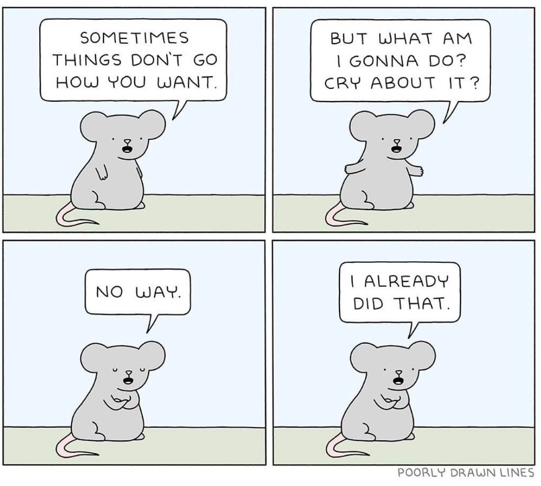 SOMETIMES BUT WHAT THINGS DONT GONNA HOW YOU WANT. CRY ABOUT ALREADY DID THAT. POORLY DRAWN LINES