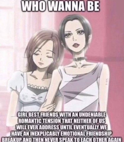 (4 4 GIRL BEST FRIENDS WITH AN UNDENIABLE ROMANTIC TENSION THAT NEITHER OF WILL EVER ADDRESS UNTIL EVENTUALLY WE AN INEXPLICABLY EMOTIONAL FRIENDSHIP BREAKUP AND THEN NEVER SPEAK EACH OTHER AGAIN