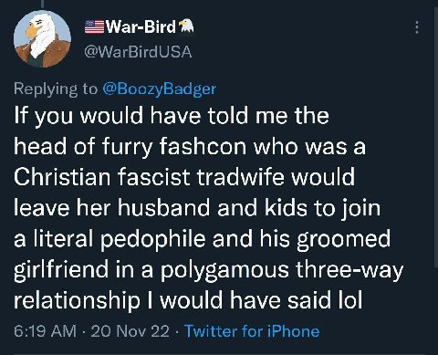you would have told me the head of furry fashcon who was a Christian fascist tradwife would leave her husband and kids to join a literal pedophile and his groomed girlfriend in a polygamous three-way 
