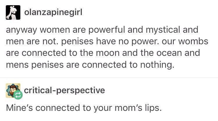 olanzapinegirl anyway women are powerful and mystical and men are not. penises have no power. our wombs are connected to the moon and the ocean and mens penises are connected to nothing. critical-pers