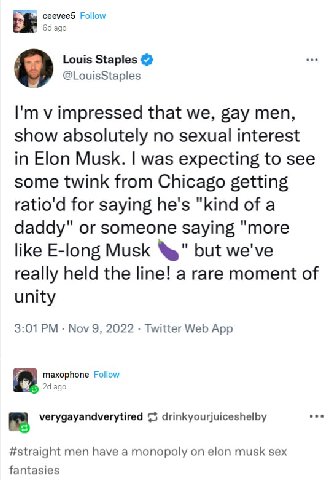 ceevee5 Follow ago Louis Staples 0 @LouisStaples impressed that we, gay men, show absolutely no sexual interest in Elon Musk. was expecting to see some twink from Chicago getting ratio'd for saying he