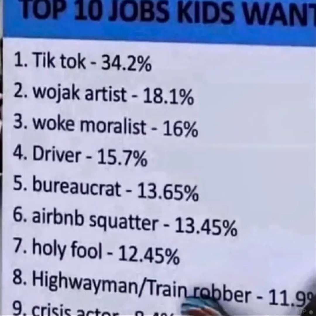 1. tok 34.2% 2. wojak artist 18.1% 3. woke moralist 16% 4. Driver 15.7% 5. bureaucrat 13.65% 6. airbnb squatter 13.45% 7. holy fool 12.45% 8. Highwayman/T rai
