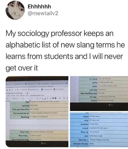 Ehhhhhh @mewtailv2 My sociology professor keeps an list of new slang terms he learns from students and will never get over it dead That was а An node person. pace a a Low Not obvous 2 Dictiona: Mad ma