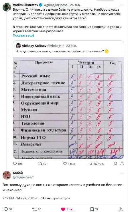 Vadim Elistratov @great laziness 24 янв. Вполне. Отличником в школе быть не очень сложно. Наоборот, когда набираешь обороты и держишь всю картину в голове, не пропускаешь уроки, учиться становится даж