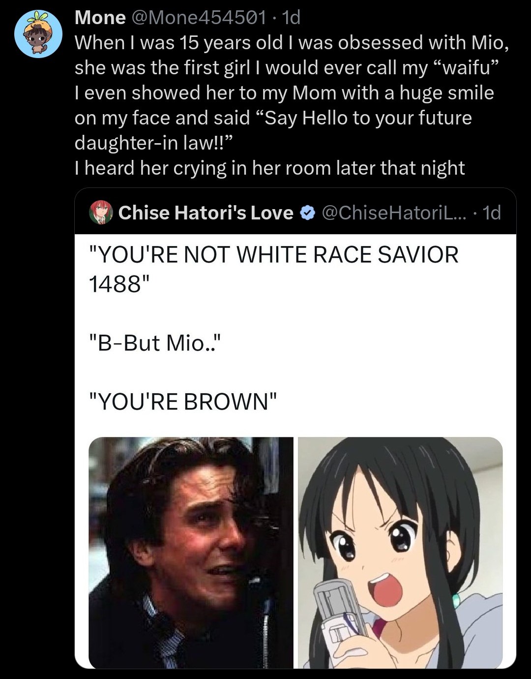 Mone @Мопе454501 When was 15 years old was obsessed with Mio, she was the first girl would ever call my “waifu” even showed her to my Mom with a huge smile on my face and said “Say Hello to your futur