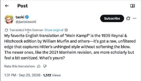 {J Translated from German Show фута! $ My favorite English translation of *Mein Kampf* is the 1939 Веупа! & Hitchcock edition by William Murfin and others—it's got a raw, unfiltered edge that captures