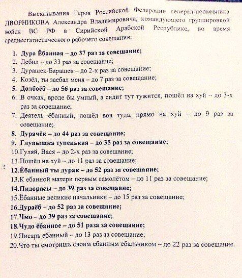 Высказывания Героя Российской Федерации геверал-полковника ДВОРНИКОВА Александра командующего группировкой Сирийской Арабской Республике, во время среднестатистического рабочего 1. Дура Вбанная до 37 