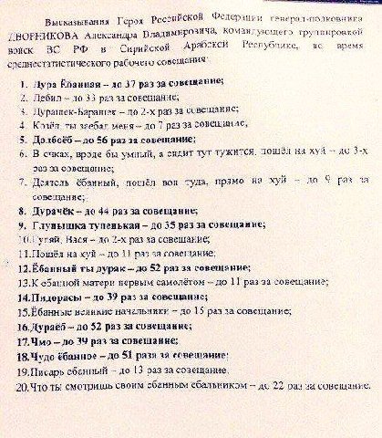 Высказывания Героя Российской Федерации геверал-полковника ДВОРНИКОВА Александра командующего группировкой Сирийской Арабской Республике, во время среднестатистического рабочего 1. Дура Вбанная до 37 