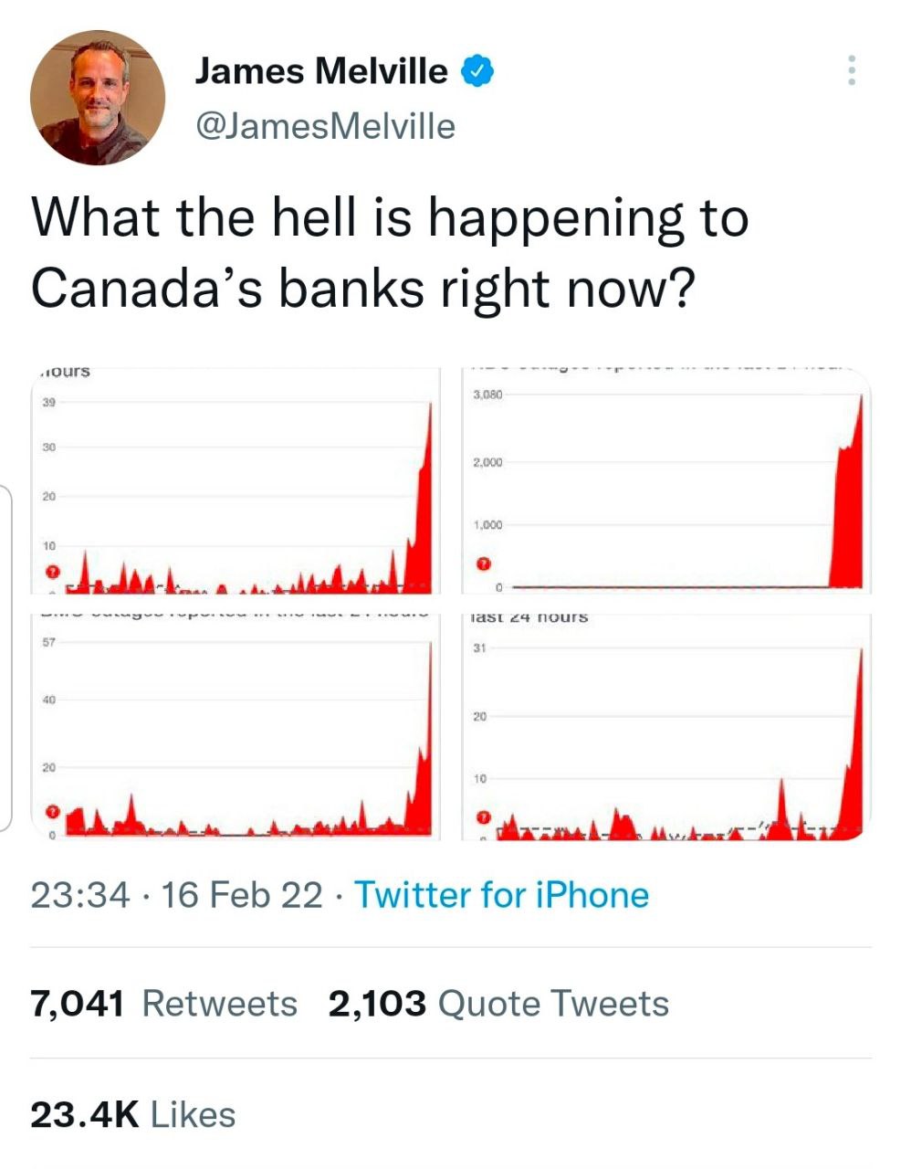James Melville @JamesMelville What the hell is happening to Canada’s banks right now? 23:34 16 Feb 22 Twitter for iPhone 7,041 Retweets 2,103 Quote Tweets Likes