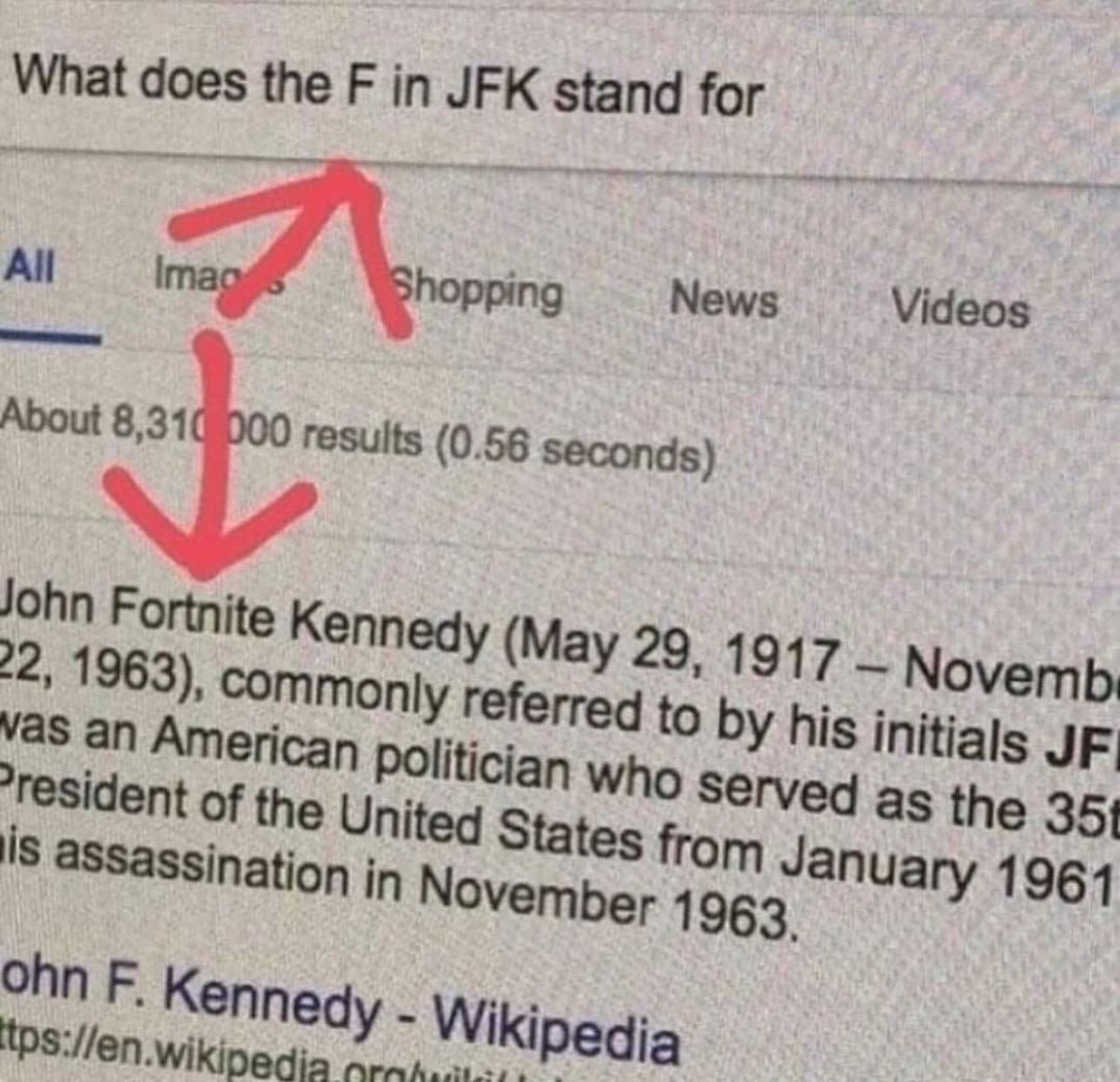 What does the in JFK stand for All News Videos About (0.56 seconds) John Fortnite Kennedy (May 29, 1917 Novemb 2, 1963), commonly to his initials vas an American Politician who as the 351 of the Unite