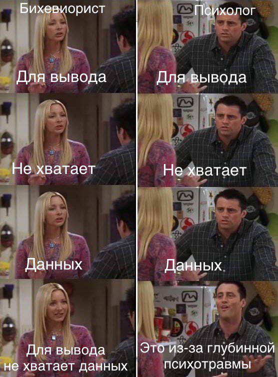 Бихевиорист Психолог Для вывода Для вывода Не хватает Не хватает Данных Данных Для вывода Это из-за глубинной не хватает данных психотравмы