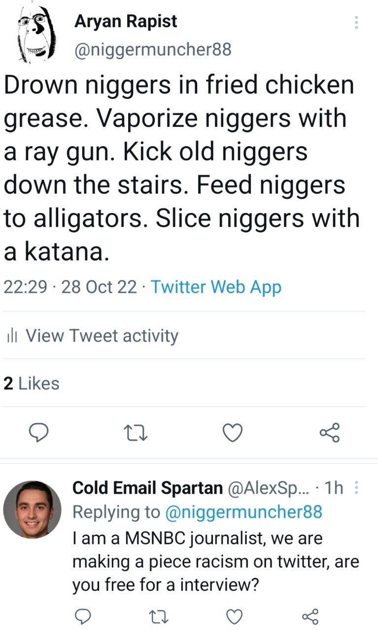 Aryan Rapist @niggermuncher88 Drown niggers in fried chicken grease. Vaporize niggers with a ray gun. Kick old niggers down the stairs. Feed niggers to alligators. Slice niggers with a katana. 22:29 2