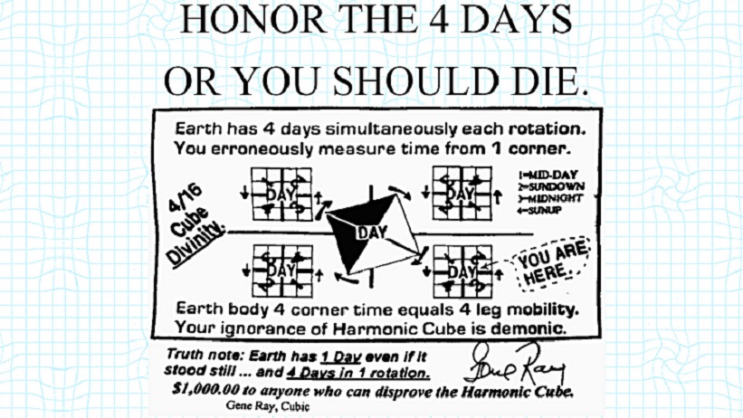 Earth has 4 days simultaneously each rotation. You erroneously measure time from 1 corner. Para МАЕ: 40% Bana Earth body 4 corner time equals 4 leg mobility. Your ignorance of Harmonic Cube is demonic
