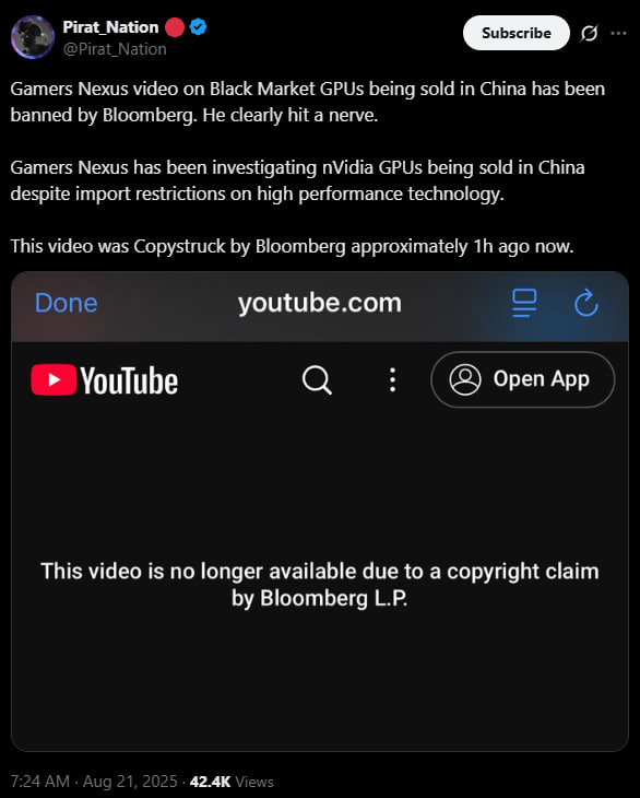 Pirat, Nation Gamers Nexus video on Black Market GPUs being sald in China has been banned Bloomberg. He clearly hit a nerve. Gamers Nexus has been investigating nVidia GPUs being sold in China despite