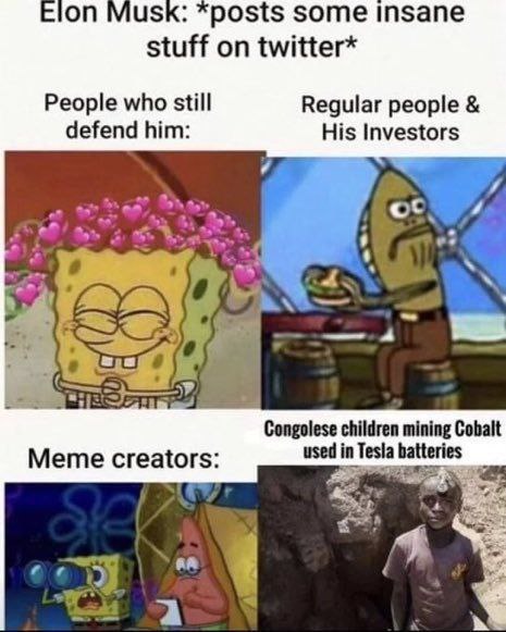 Musk: posts some insane stuff on twitter* People who still Regular people defend him: His Investors 4 Congolese children mining Cobalt used in Tesla batteries Meme creators: 2