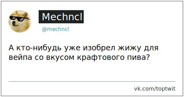 Mechncl А кто-нибудь уже изобрел жижу для вейпа вкусом крафтового пива? vk.com/toptwit