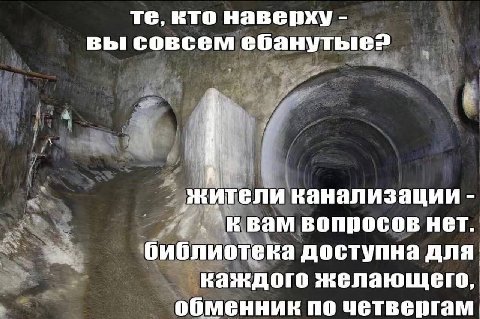 кто наверху вы совсем ебанутые? жители канализации вам вопросов нет. библиотека доступна для каждого желающего, обменник по четвергам.