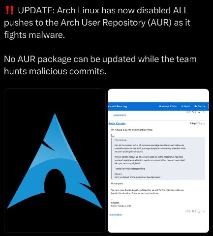 UPDATE: Arch Linux has now disabled ALL pushes to the Arch User Repository (AUR) as it fights malware. No AUR package can be updated while the team hunts malicious commits. sts.archlinux.org