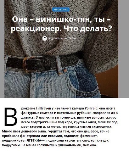 ПЕРСПЕКТИВА. Она винишко-тян, ты реакционер. Что делать? `Андрей рюкзаке Fjallraven у нее лежит камера Polaroid, она носит фактурные свитера и пастельные рубашки, заправляя в джинсы. У нее, если ты по