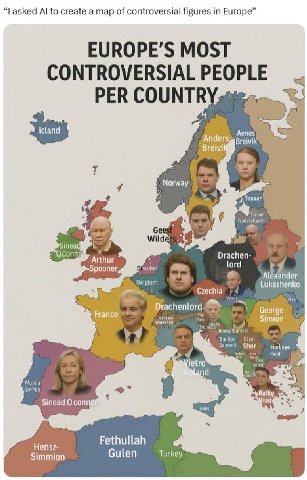 asked to create a map of controversial figures in Europe” EUROPE’S MOST PER COUNTRY Аепез i if Я Teuver 9 Arthur 4 pooner lord Alexander Lukashenko Drachenlord France orge Simion Bonuy у Banites Samen