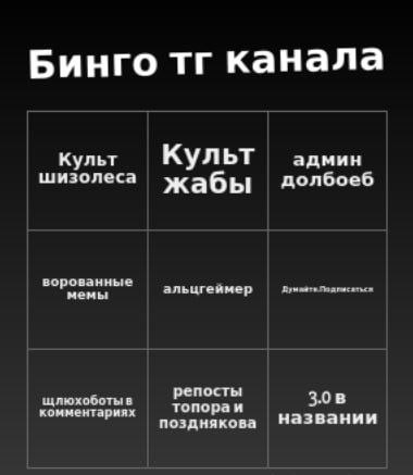 Бинго канала Культ Культ админ шизолеса жабы долбоеб ворованные альцгеймер мемы щлюхоботыв топораи репосты 3.0 в комментариях позднякова названии