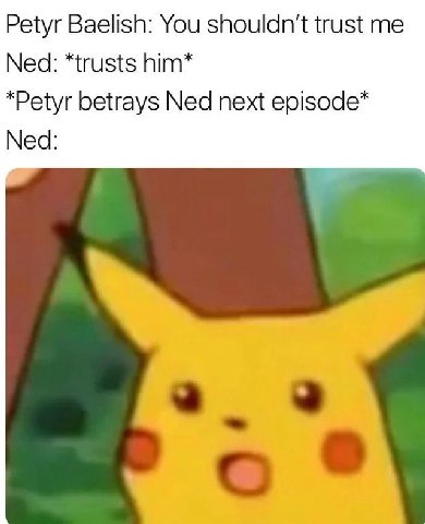 Petyr Baelish: You shouldn't trust me Ned: *trusts him* *Petyr betrays Ned next episode* Ned: а