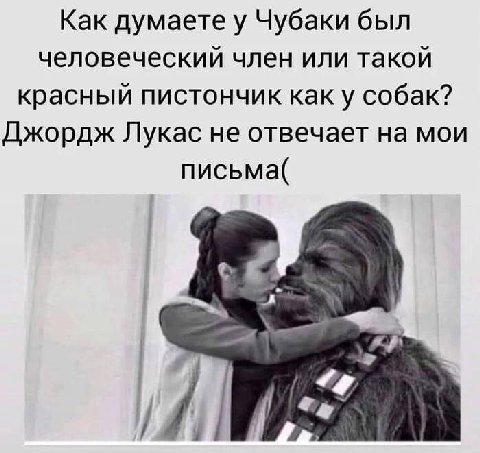 Как думаете у Чубаки был человеческий член или такой красный пистончик как у собак? Джордж Лукас не отвечает на мои письма(