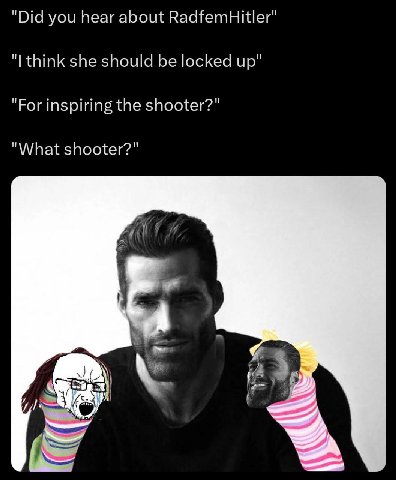 "Did you hear about RadfemHitler" think she should be locked up" "For inspiring the shooter?" "What shooter?" 3 Я