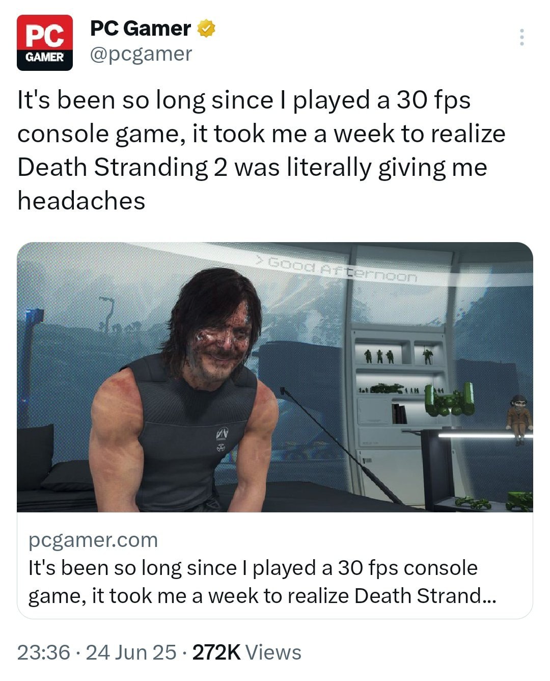Сатег 2 @рсбатег It's been so long since played а 30 fps console game, it took me a week to realize Death Stranding 2 was literally giving me headaches pcgamer.com It's been so long since played a 30 