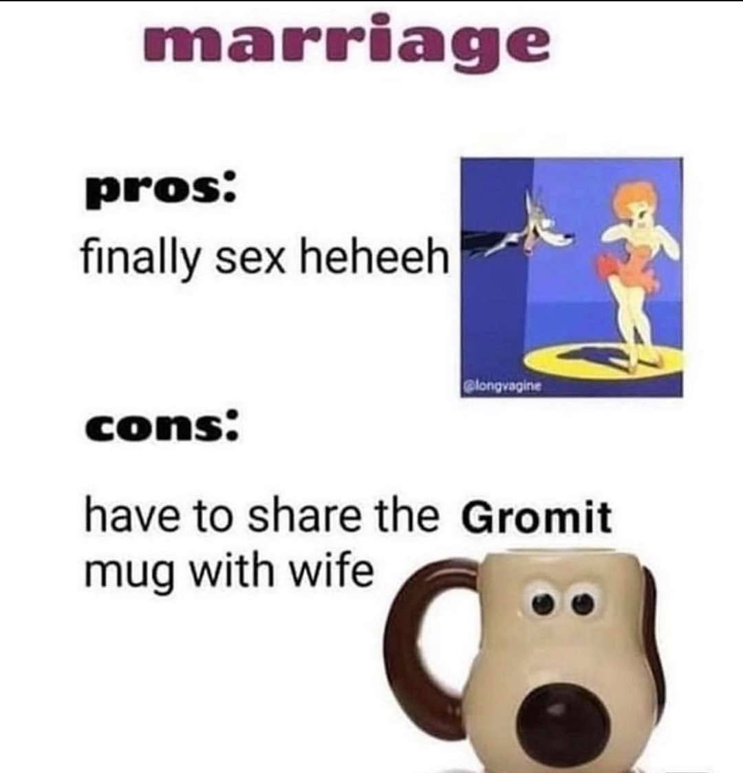 marriage pros: finally sex heheeh cons. have to share the Gromit mug with wife