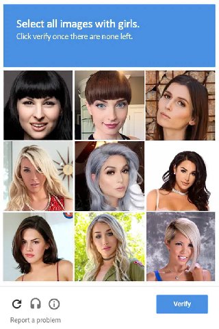 Select all images with girls. Click verify once there are none left. a 7. А A Pig he 4 я 7 К A спо Report a problem