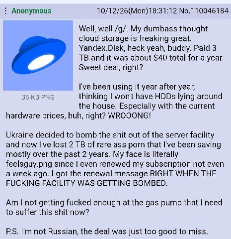 Anonymous 10/12/26(Mon)18:31:12 No.110046184 Well, well My dumbass thought cloud storage is freaking great. Yandex.Disk, heck yeah, buddy. Paid 3 and it was about $40 total for a year. Sweet deal, rig