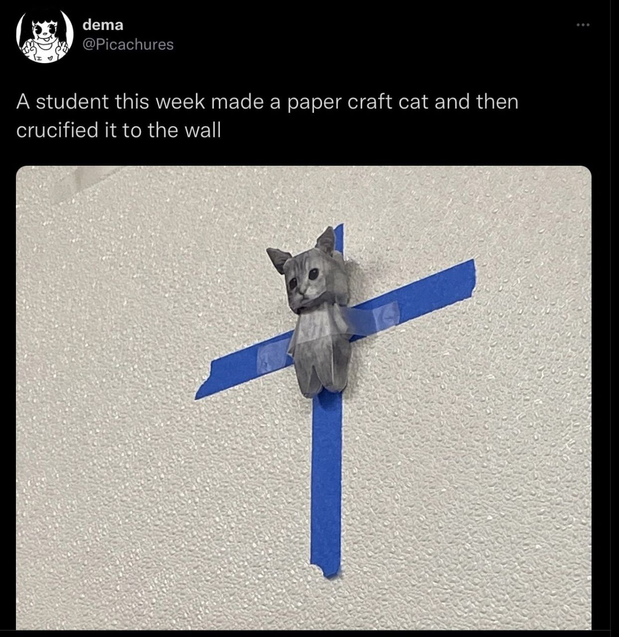 Чета 4 да a Cat an {пей А student this week mace а paper craft cat and crucified И to tre wall 2 het is 5