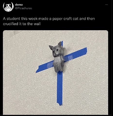 Чета 4 да a Cat an {пей А student this week mace а paper craft cat and crucified И to tre wall 2 het is 5
