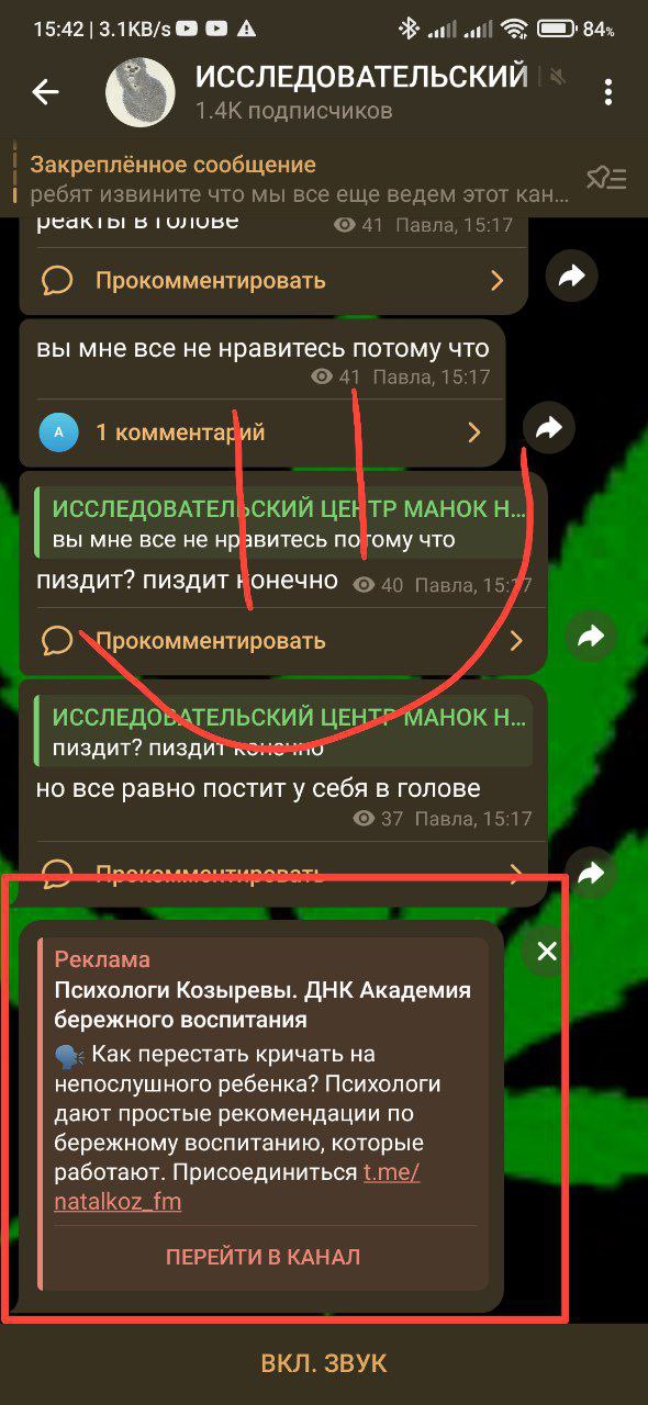 15:42 3.1КВ/з A 84% ИССЛЕДОВАТЕЛЬСКИИ подписчиков Закреплённое сообщение I ребят извините что мы все еще ведем этот кан PedK IDI 41 Павла, 15:17 a Прокомментировать вы мне все не нравитесь потому что 