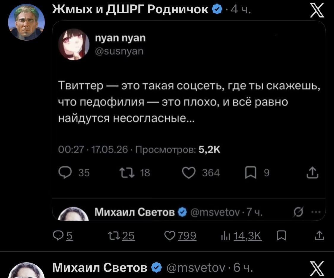 Жмых и ДШРГ Родничок 4 пуап пуап @susnyan Твиттер это такая соцсеть, где ты скажешь, что педофилия это плохо, и всё равно найдутся несогласные... 00:27 17.05.26 Просмотров: О 35 18 364 По Михаил Свето