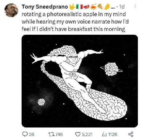Tony Sneedprano rotating a photorealistic apple in my mind while hearing my own voice narrate how feel if i didn't have breakfast this morning а 36 5,221