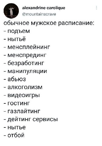it alexandrine carolique @mountainscrave обычное мужское расписание: подъем нытьё менсплейнинг менспрединг безработинг манипуляции абьюз алкоголизм видеоигры ГОСТИНГ газлайтинг дейтинг сервисы нытье о