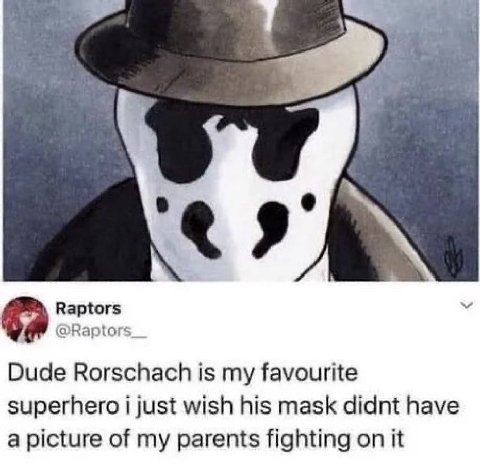 a Raptors @Raptors_ Dude Rorschach is my favourite superhero i just wish his mask didnt have a picture of my parents fighting on it