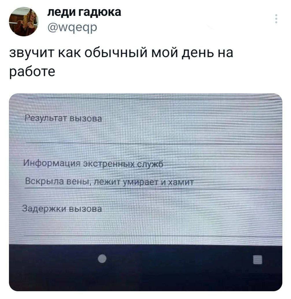 леди гадюка звучит как обычный мой день работе Результат вызова Информация экстренных служб Вскрыла вены, лежит умираети хамит Задержки вызова