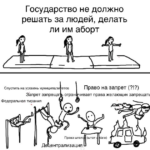 Государство не должно решать за людей, делать ли аборт Спустить на уровень муниципалитетов Право на запрет (2!?) Запрет запрещазь огранфчивает права желающих запрещать Федеральная тирания Права tate)