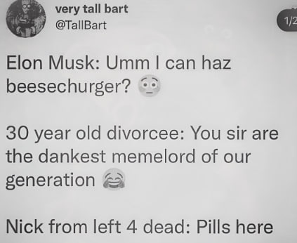 very tall bart @TallBart Elon Musk: Umm can haz beesechurger? 30 year old divorcee: You sir are the dankest memelord of our generation Nick from left 4 dead: Pills here