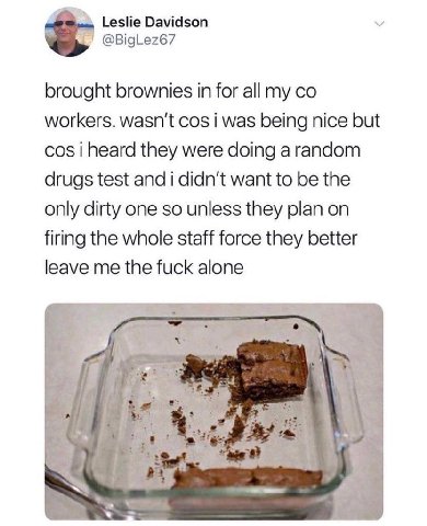 Leslie Davidson @BigLez67 brought brownies in for all my workers. wasn't cos i was being nice but cos i heard they were doing a random drugs test and i didn't want to be the only dirty one so unless t