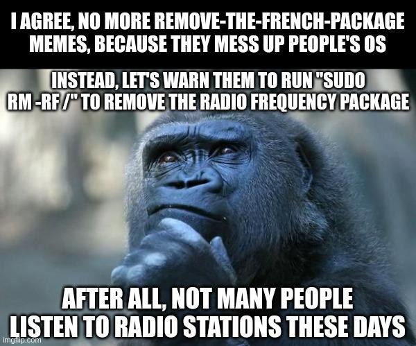 AGREE, NO MORE REMOVE-THE-FRENCH-PACKAGE MEMES, BECAUSE THEY MESS UP PEOPLE'S LET'S WARN THEM ТО ТО REMOVE THE RADIO FREQUENCY PACKAGE AFTER ALL, NOT MANY PEOPLE LISTEN TO RADIO STATIONS THESE DAYS